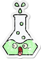 distressed sticker of a cute cartoon science beaker