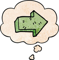cartoon pointing arrow with thought bubble in grunge texture style