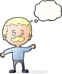 cartoon man with mustache waving with thought bubble