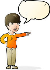 cartoon woman pointing finger of blame with speech bubble