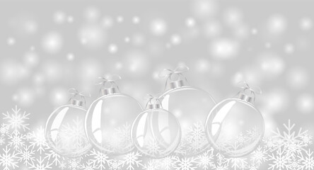 Fototapeta na wymiar Gray Christmas background. Christmas card. Fallen snowflakes. Christmas silver balls. Vector illustration