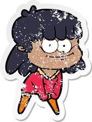 distressed sticker of a cartoon smiling woman
