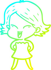 cold gradient line drawing of a happy cartoon girl