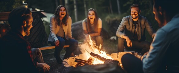 People laughing and talking around a campfire with friends. generative AI