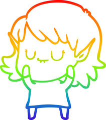 rainbow gradient line drawing of a happy cartoon elf girl wearing dress