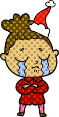 hand drawn comic book style illustration of a crying woman wearing santa hat