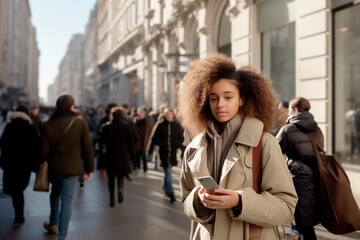A black girl using her cell phone on a street with many people