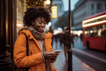 A smiling black girl looking at her smartphone