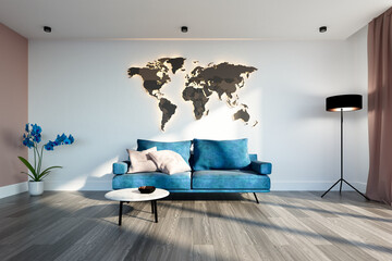 Contemporary Living Room Interior with Elegant World Map Wall Decoration