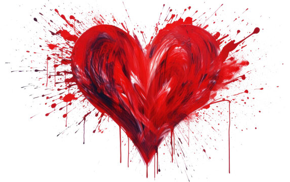 Abstract red love heart drawn by hand with watercolors on transparent background
