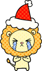 hand drawn comic book style illustration of a crying lion wearing santa hat