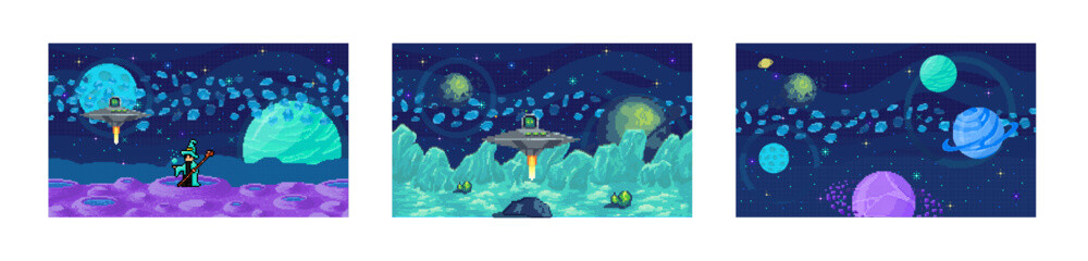 Fototapeta premium Space game. Vector illustration. Navigating pixelated planets and stars is key aspect space game experience Each bit information collected in game contributes to players progress The 8-bit space game