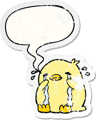 cartoon crying bird with speech bubble distressed distressed old sticker