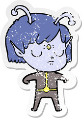 distressed sticker of a cartoon alien girl