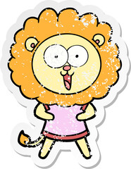 distressed sticker of a happy cartoon lion