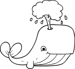 freehand drawn black and white cartoon whale spouting water