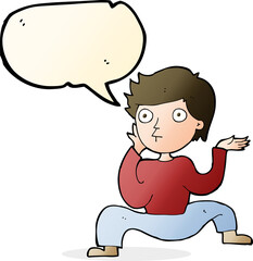 cartoon boy doing crazy dance with speech bubble