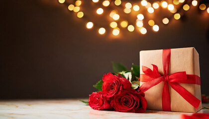 Romantic sunset ambiance frames a table adorned with a gift box and roses, evoking love and warmth...