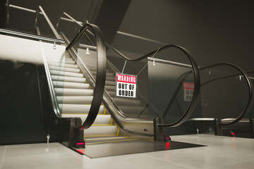 Non-operational Escalator with Cautionary Out-of-Service Notice Displayed - obrazy, fototapety, plakaty