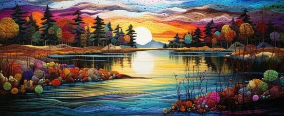 Textile Landscape Art Depicting Sunset over Lake. Vivid textile art representation of a scenic sunset over a calm lake, with colorful, textured trees and layered sky crafted from yarn.