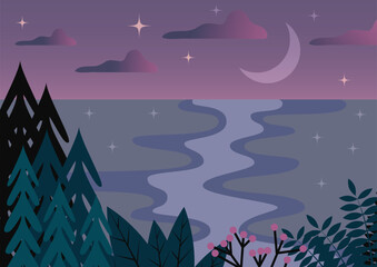 Vector simple night landscape with forest, river and moon.