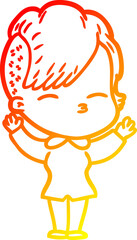 warm gradient line drawing of a cartoon squinting girl