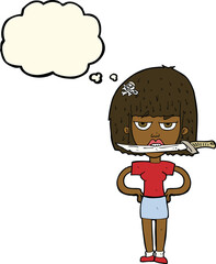 cartoon woman with knife between teeth with thought bubble