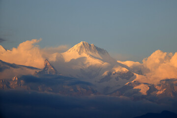 Lamjung Himal located in Annapurna mountain range in Nepal during afterglow