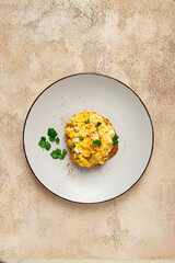 sandwich, scrambled eggs, breakfast, top view, homemade,