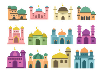 Vector set of islamic mosque. Ramadan Kareem, Happy Eid Mubarak. Flat Mosque building set stock illustration