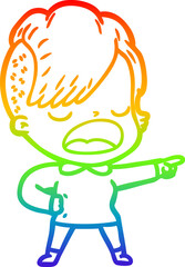 rainbow gradient line drawing of a cartoon cool hipster girl talking