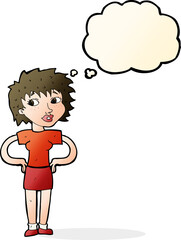 cartoon woman with hands on hips with thought bubble