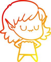warm gradient line drawing of a happy cartoon elf girl