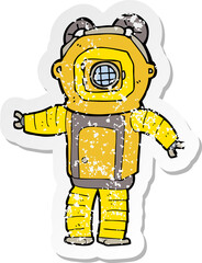 retro distressed sticker of a cartoon deep sea diver