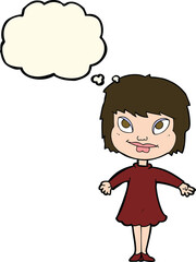 cartoon girl shrugging shoulders with thought bubble