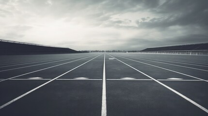Photo realistic, low angle, scene of outdoor running track, starting line, lane numbers, white lines separating each lane, moody lighting, 