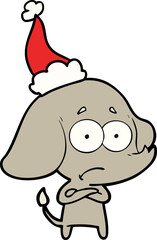 hand drawn line drawing of a unsure elephant wearing santa hat