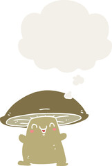 cartoon mushroom character with thought bubble in retro style
