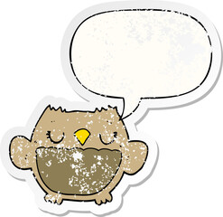 cartoon owl with speech bubble distressed distressed old sticker