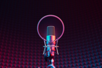 High-Quality Studio Recording Microphone with Neon Lighting on Gradient Backdrop