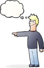 cartoon happy pointing man with thought bubble