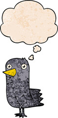 cartoon bird with thought bubble in grunge texture style