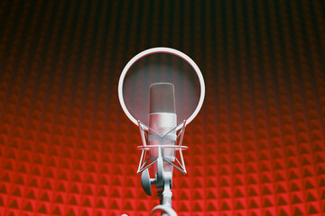 Studio Recording Condenser Microphone with Pop Filter on Red Acoustic Background