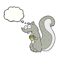 freehand drawn thought bubble cartoon squirrel with nut