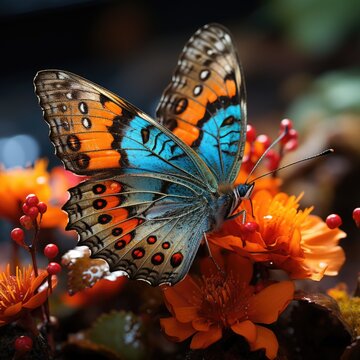 Nature Beauty Realistic Image of a Butterfly Perched on Exquisite Flowers Generative AI