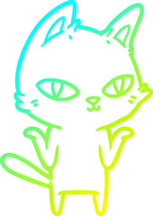 cold gradient line drawing of a cartoon cat staring