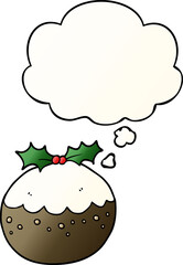 cartoon christmas pudding with thought bubble in smooth gradient style