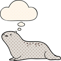 cartoon seal with thought bubble in comic book style