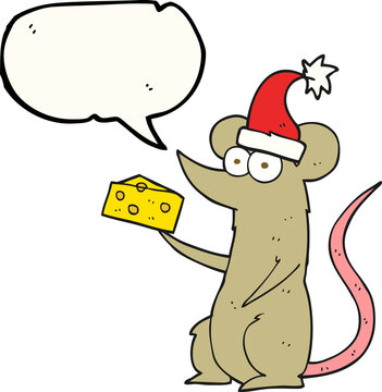 freehand drawn speech bubble cartoon christmas mouse with cheese
