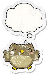 cute cartoon owl with thought bubble as a distressed worn sticker